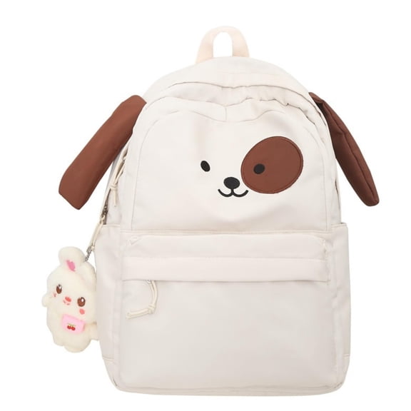 Kawaii Puppy Face Backpack for Women, Y2K Casual Travel Daypack with Plush Charm, Lightweight School Backpack (White)