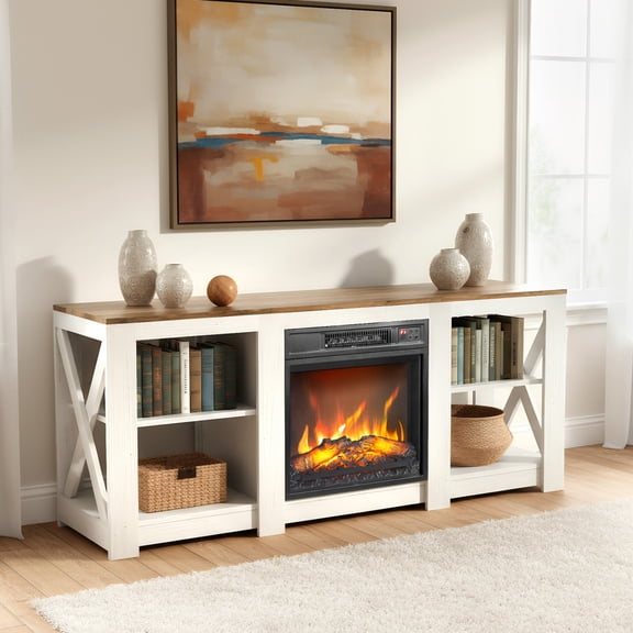 TV Stand with 18" Electric Fireplace, Media Entertainment Center with Open Shelves for TVs up to 70 Inches, Farmhouse Wooden Console Table for Living Room, Natural