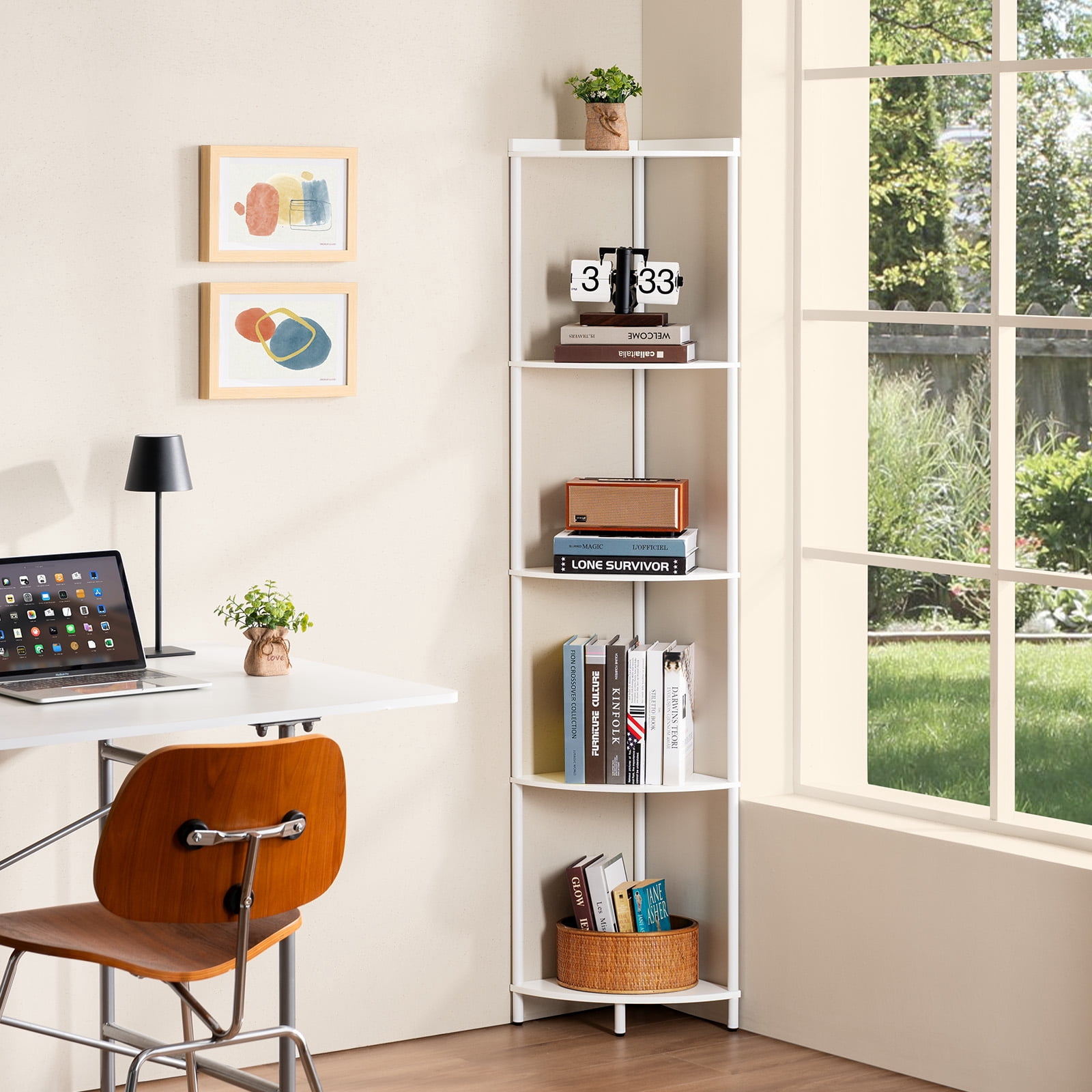 Corner Shelf Stand, 5-Tier Corner Shelves, 65" Wall Corner Bookshelf, Display Shelf Tall Shelf Plant Stand for Bedroom, Bathroom, Living Room, White