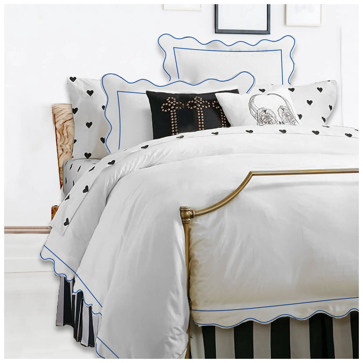 400TC Cotton Scallop Embroidery & Border Sateen Solid Duvet Cover set King/Cal-King 106" × 88" 1 Duvet cover and 20"×36" 2 pillow sham , Navy Blue Scallop and Border
