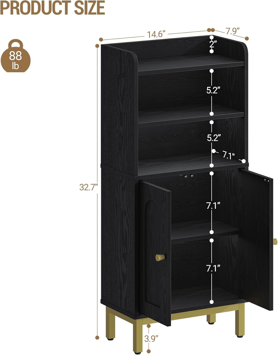 Bathroom Storage Cabinet, Small Floor Cabinet with 2 Door and Shelves, Toilet Paper Cabinets, Bathroom Organizer with Adjustable Shelf, for Small Spaces Black 7.9" D x 14.6" W x 32.7" H