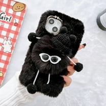 Mantto Cute Cartoon Case for iPhone 14 Plus, Kawaii Fluffy Plush Briquettes Furry Soft Warm Cover with Sparkle Glitter Diamond Rhinestone Lens Frame Case Shockproof Cold Weather Case,Black