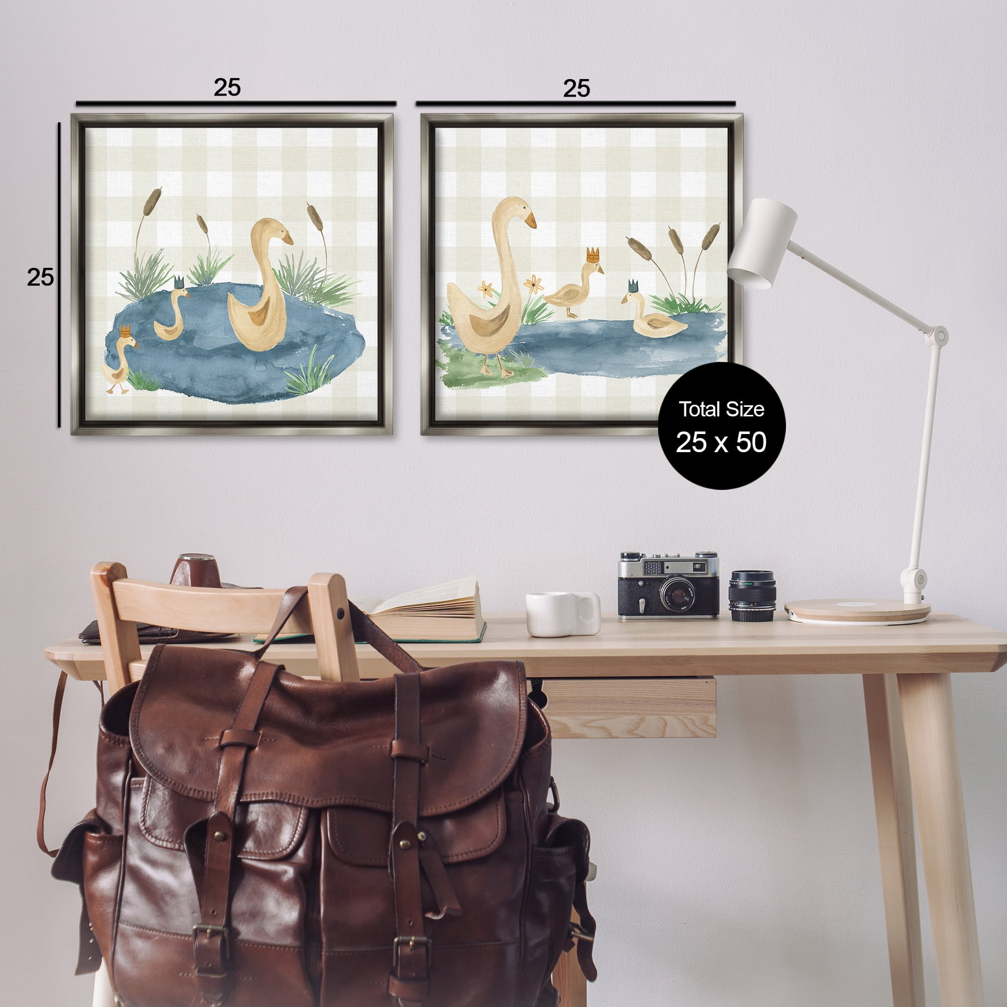 Stupell Industries Swan Family in Pond Landscape & Nature Painting Gray Floater Framed Canvas Art Print Wall Art, 25 x 25, Set of 2