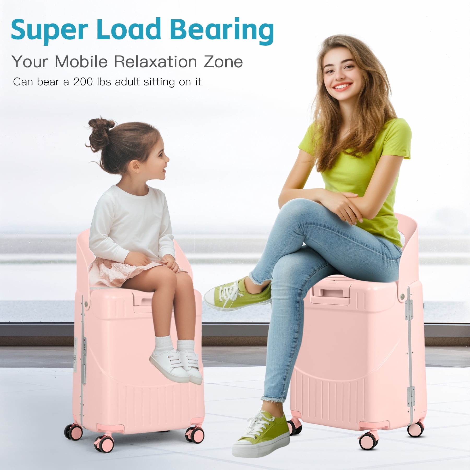 Advwin 20" Ride-On Suitcase for Kids & Adults, Hardshell Carry-On Luggage w/ Child Seat, Front Opening, USB Port, TSA Lock, 4 Spinner Wheels for Travel, Pink