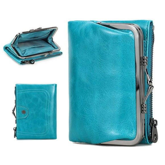 Contact's Womens Kiss Lock Wallet, Leather Small Zipper Coin Pocket for Womens, Vintage Bifold Rfid Purse Card Holder with Photo Window,Blue