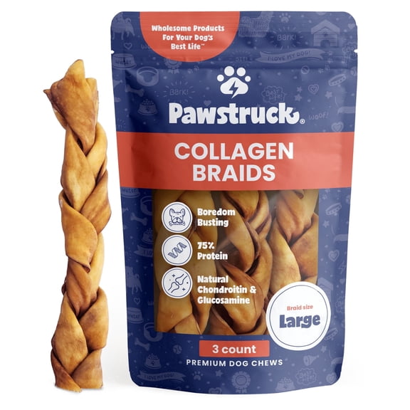 Pawstruck Natural Large Beef Collagen Braids for Dogs – Long-Lasting Rawhide & Bully Stick Alternative, with Chondroitin & Glucosamine – 3 Pack