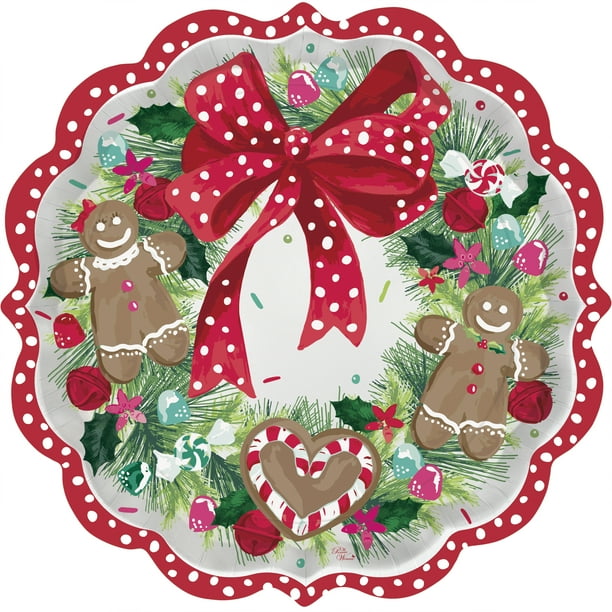 Pioneer Woman Gingerbread & Bows Christmas Paper Dinner Plates, 11.5in