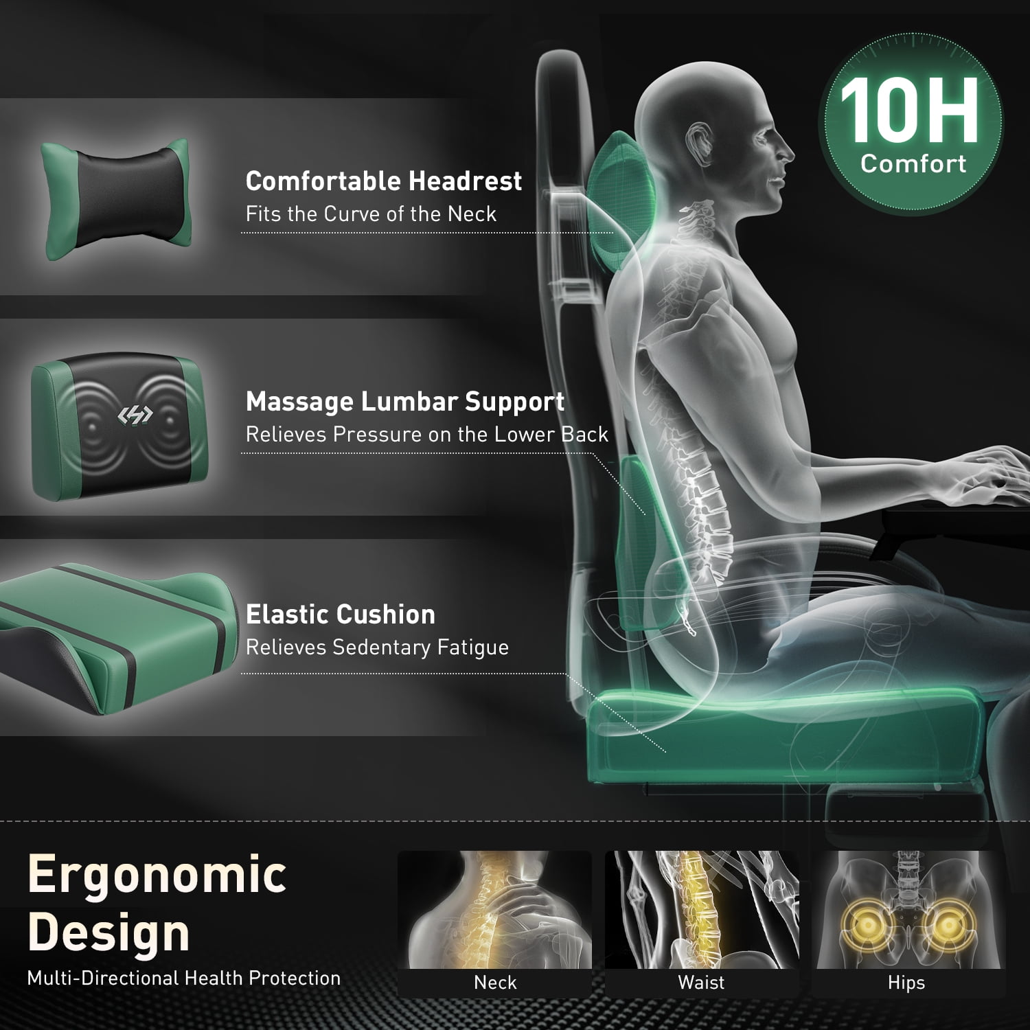 HLDIRECT Ergonomic High Back Gaming Chair with Pocket Spring Cushion, Game Chair with Footrest & Lumbar Massage, Gamer Chair, Computer Chair for Adults, Black & Green
