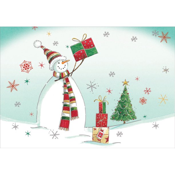 Designer Greetings Snowman Holding Gift Box of 18 Christmas Cards