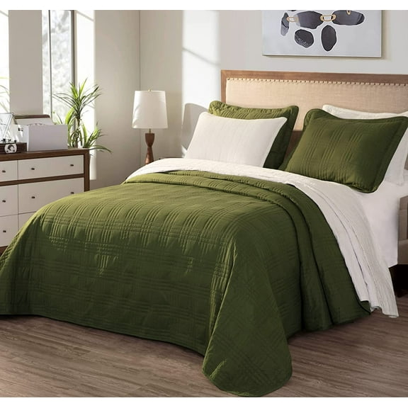 Chezmoi Collection Kingston Queen Size Bedspread Set, 3-Piece Cypress Green Oversized Quilted Microfiber Lightweight Bedspread Coverlet (100"x106")