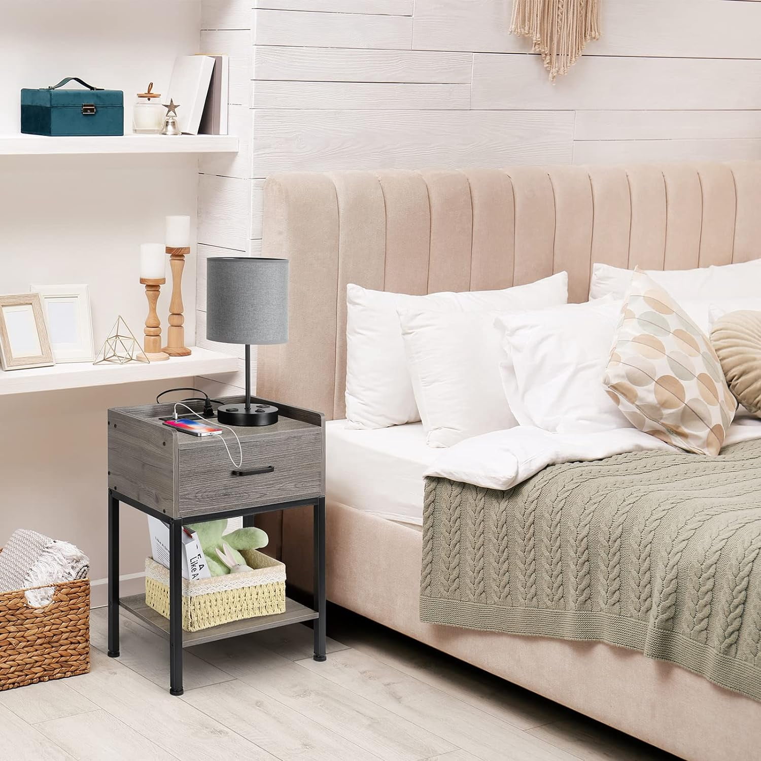 Oumilen Nightstand with Charging Station with Drawer, Gray