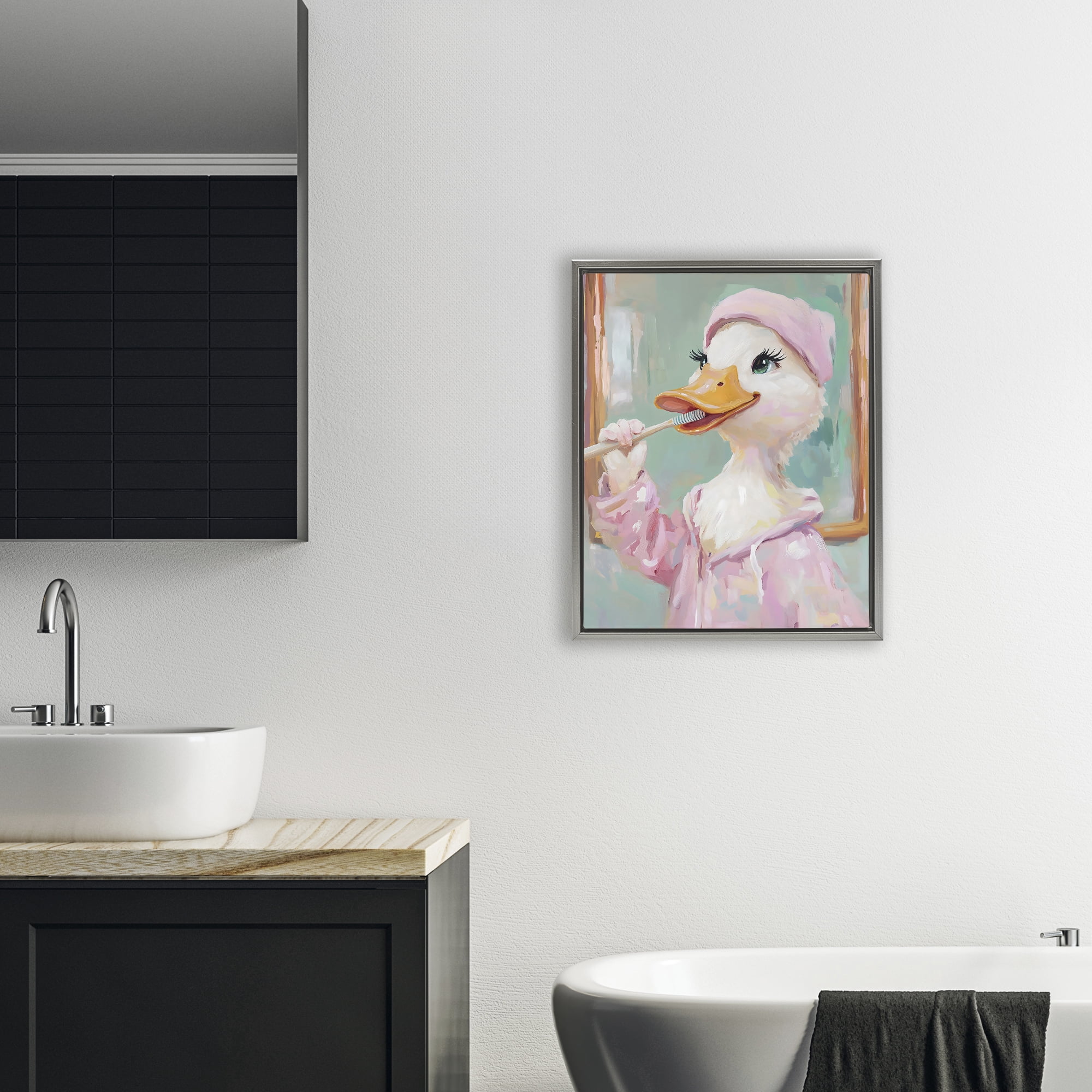 Stupell Industries Duck Brushing Teeth Gray Framed Floater Canvas Wall Art, design by The Prints Vibe