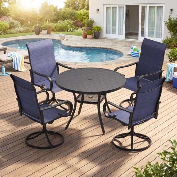 VOXBIN Outdoor Patio Dining Set for 4 including 41 Inch Round Table with Umbrella Hole and Patio Swivel Chairs, Black Table and Blue Chairs