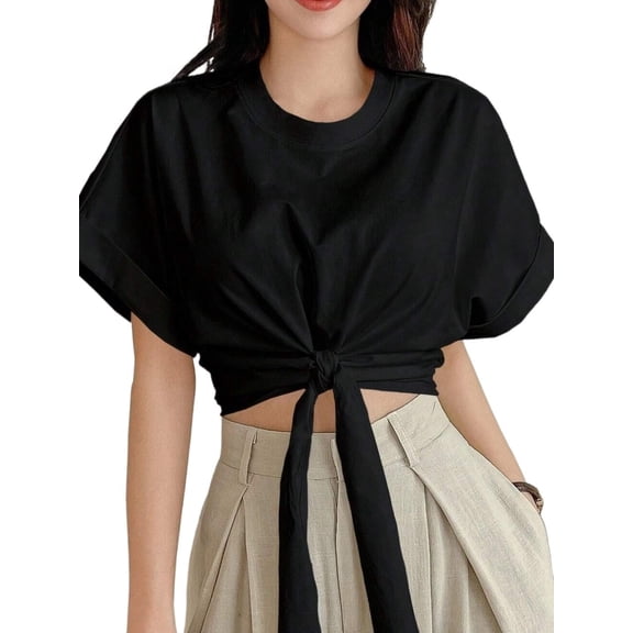 Womens Solid Color Round Neck Batwing Short Sleeve Knot Cropped Summer Blouse For Women