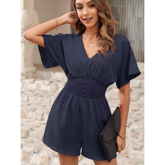 Tooluck Women's Jumpsuit Summer V Neck Button Short Ruffle Sleeve Smocked Mini Short Romper