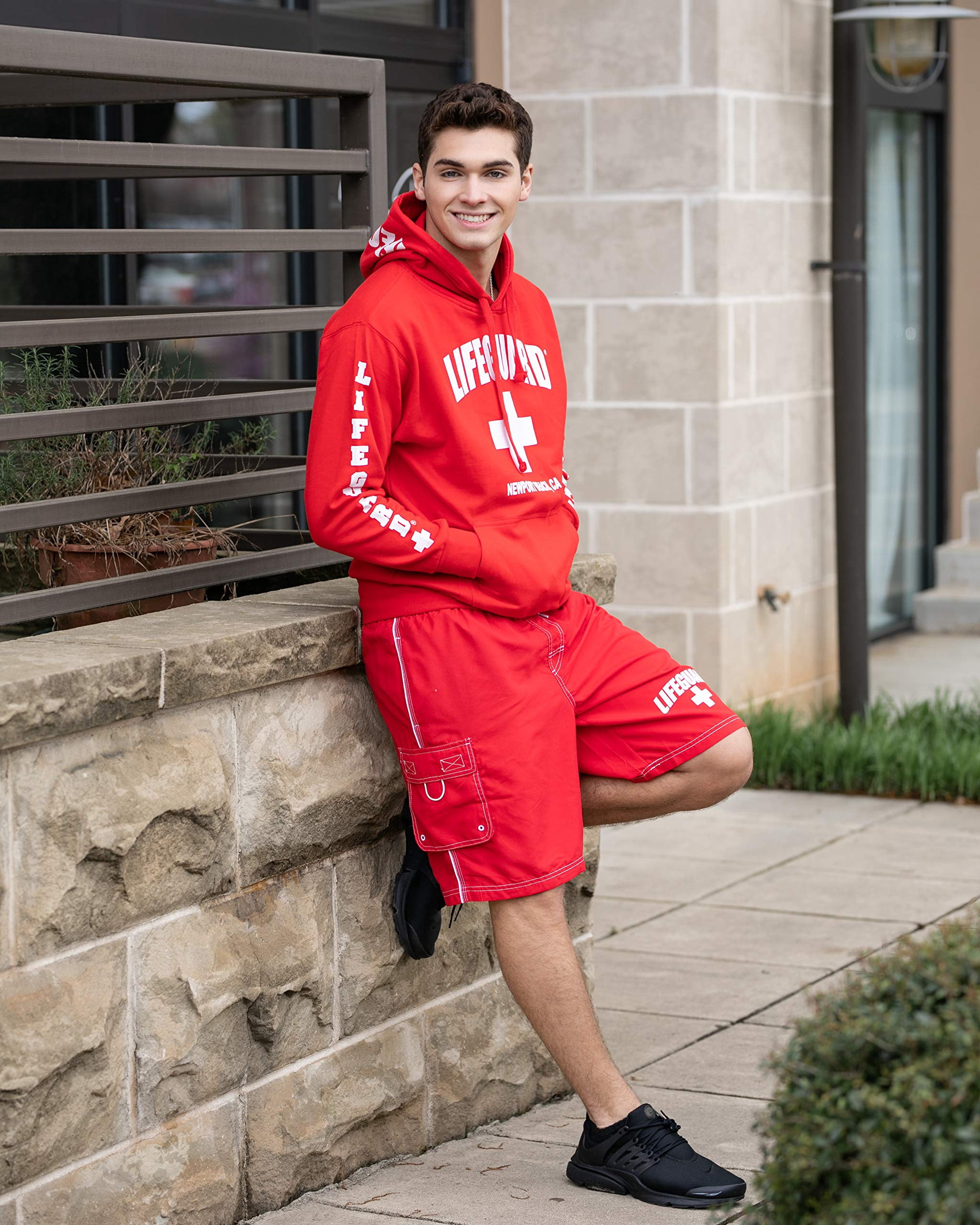 officially licensed red lifeguard men's board shorts swim trunks with side pocket, men and boys, great for beach & pool