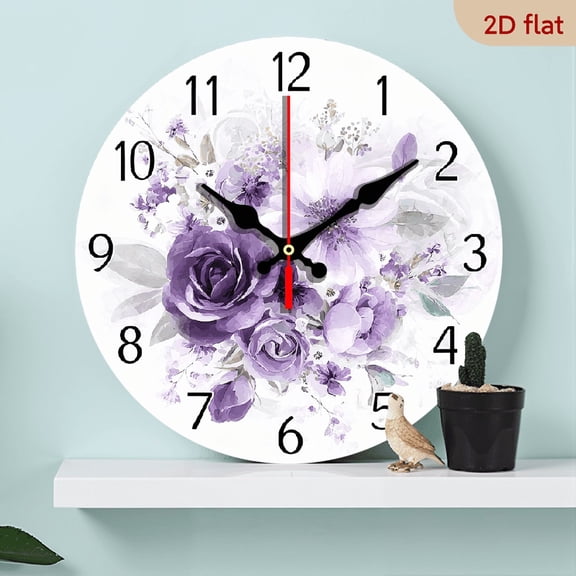 2D Flat 1pc 10Inch Silent Wooden Wall Clock with Watercolor Purple Flowers - Quiet, Non-Ticking Modern Design for Home Decor, Bedroom, Living Room, Kitchen, Office - AA Battery Not Included