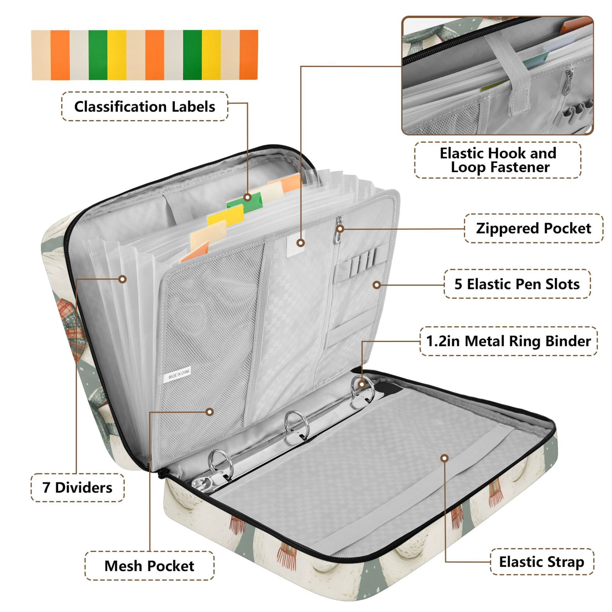 FORMRS Accordion File Folder A4 Size 7-Pocket Expanding Document Organizer Bag with 3 Ring Binder, Winter Goose Scarves