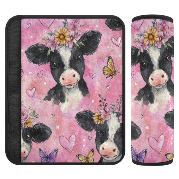 2 Pcs Seat Belt Strap Covers Pad for Car Soft Flannel Car Seat Belt Shoulder for All Cars Cute Baby Cows with Flowers