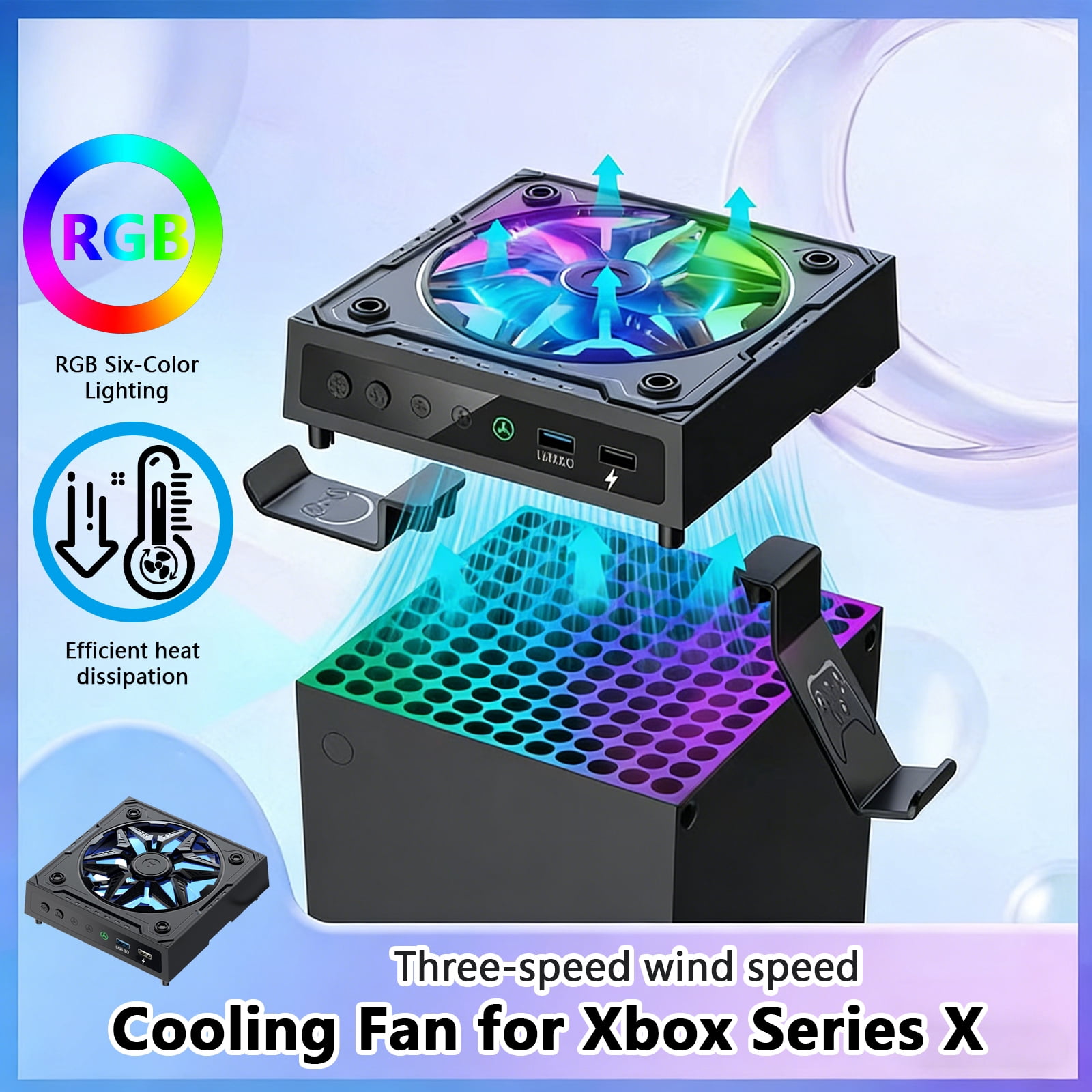 Arcticwind Cooling fan for Xbox Series X console, low-noise top fan with 3-speed settings, dustproof, Independent touch switch,featuring 6 RGB LED lighting modes, USB port, and headphone stand