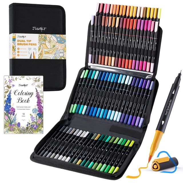 JusArt Markers for Adult Coloring Books No Bleeding, 80 Colors Coloring Markers with Dual Tips, Fine & Brush Pens with Ergonomic Triangle Grip & 33%