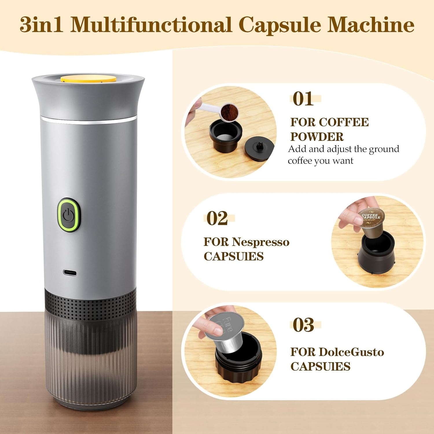 Portable Espresso Maker, Travel Coffee Maker for camping, Portable Espresso Machine with USB-C, 3-in-1 Small Espresso Machine with Ground Coffee & Capsules (NS＆DG) for RV, Hiking