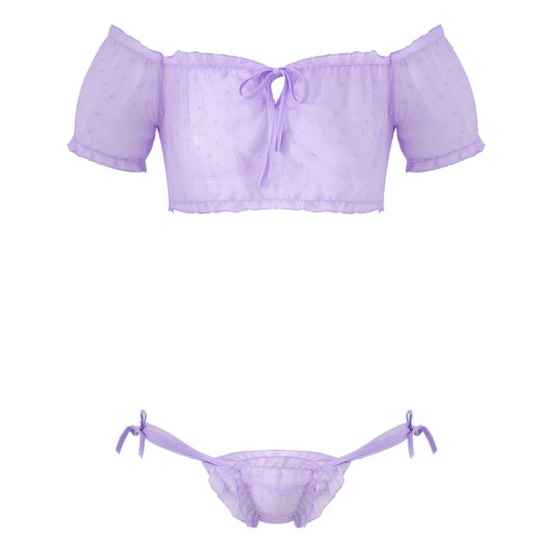 Men Male Chiffon Lingerie Exotic Sets Sissy Nightwear Sheer Mesh Off Shoulder Ruffled Crop Tops with Briefs Thongs ClubwearXL Gong Bohan LED