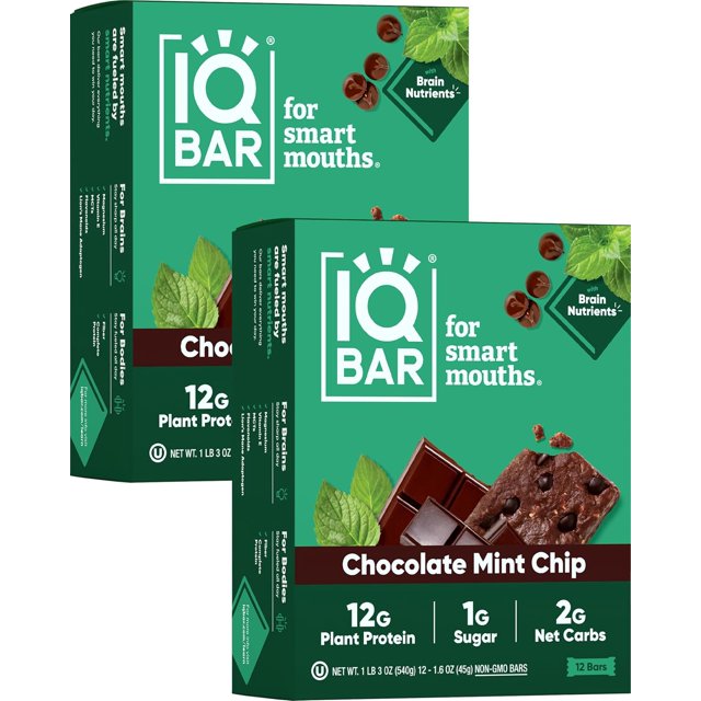 Brain and Body Plant Protein Bars - Chocolate Mint Chip - 12-Count Low Carb - Gluten Free, High Fiber, Vegan Snacks - Low Sugar Meal Replacement