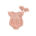 thumbnail image 1 of Nituyy 2 Pcs Barboteuse pour Filles Bébé Broderie Fleur Manches Volantes Col Rond Combinaison avec Nœud Bandeau Ensemble, 1 of 1