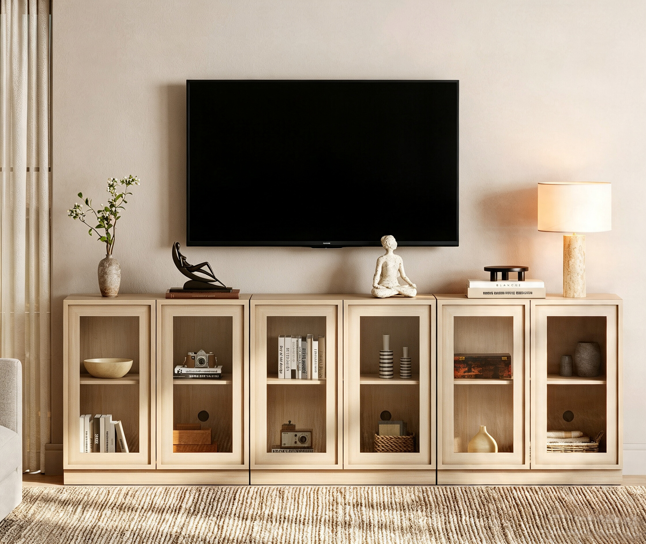 WAMPAT Modern TV Stand for TVs Up to 100", 3-in-1 Entertainment Center TV Console with 6 Glass Doors and Adjustable Shelf, Wooden Media Console Cabinet for Living Room, Bedroom, Beige