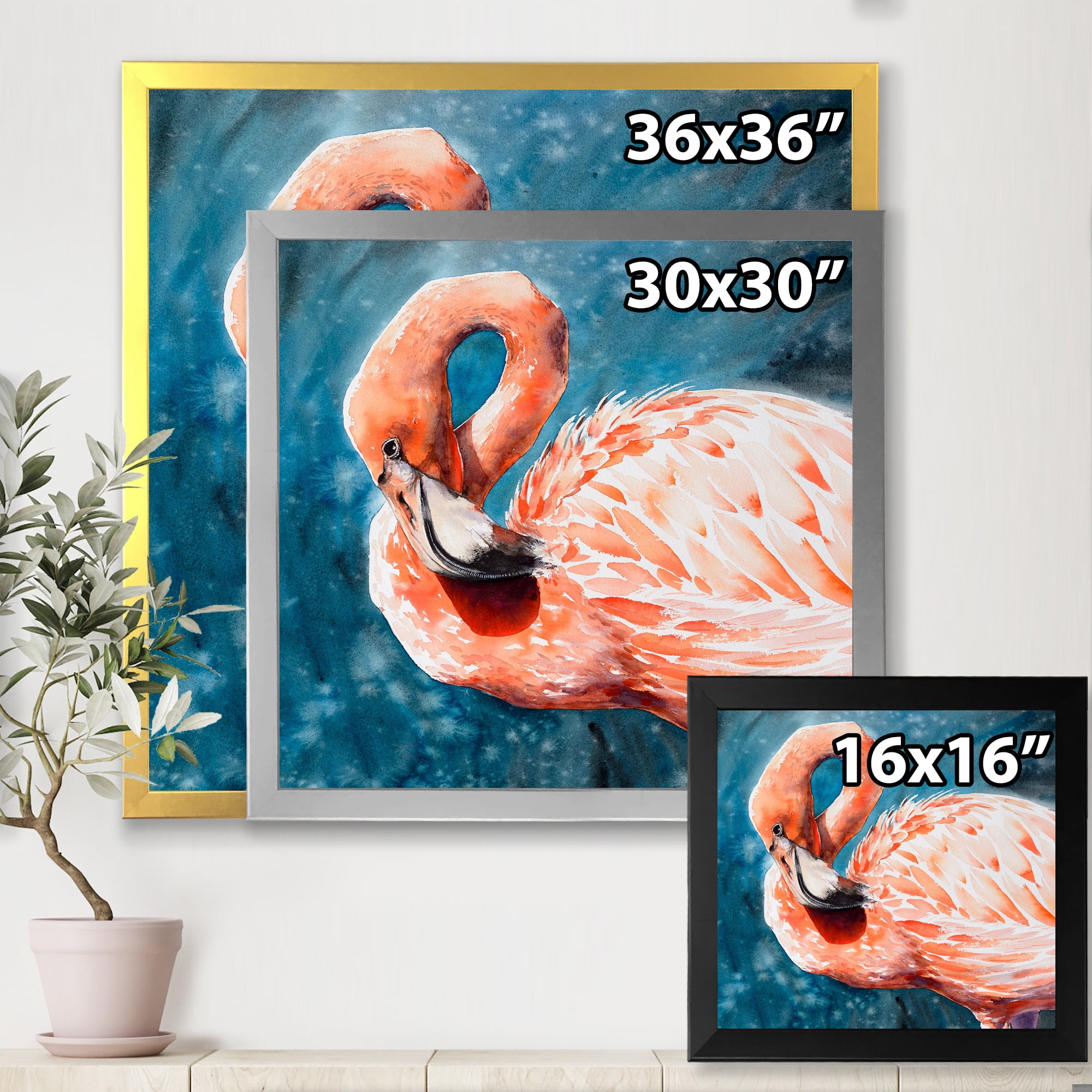 Designart 'Pink Flamingos Love Birds In Blue Water II' Farmhouse Framed Art Print