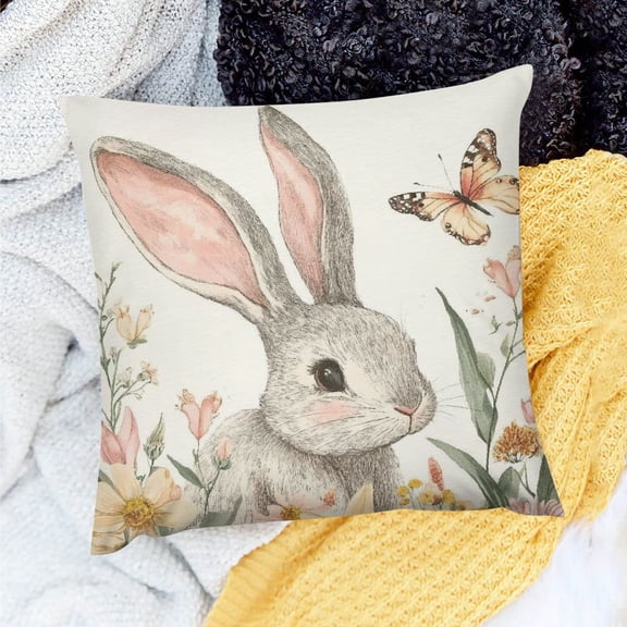 PRATYUS Spring Easter Pillow Covers Pink Flower Bunny Throw Pillow Covers Easter Floral Rabbit Outdoor Pillow Cases Linen Cushion Covers for Couch Sofa Bedroom Easter Decorations 18x18in
