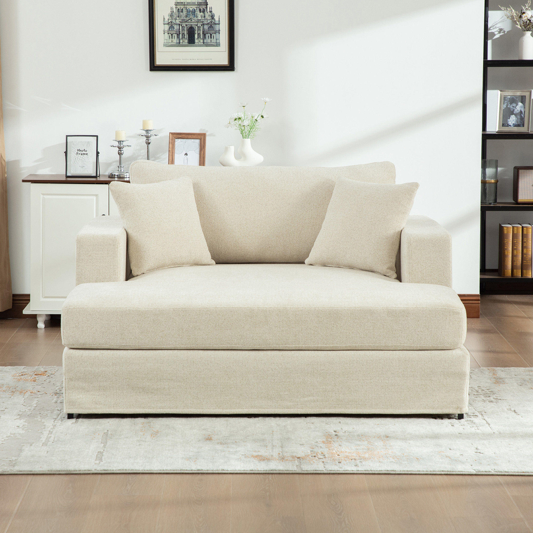 Noble House Auburn 56" Chenille Sofa Bed, Extra Wide Sleeper Chair with Metal Legs for Living Room, Apartments, Beige
