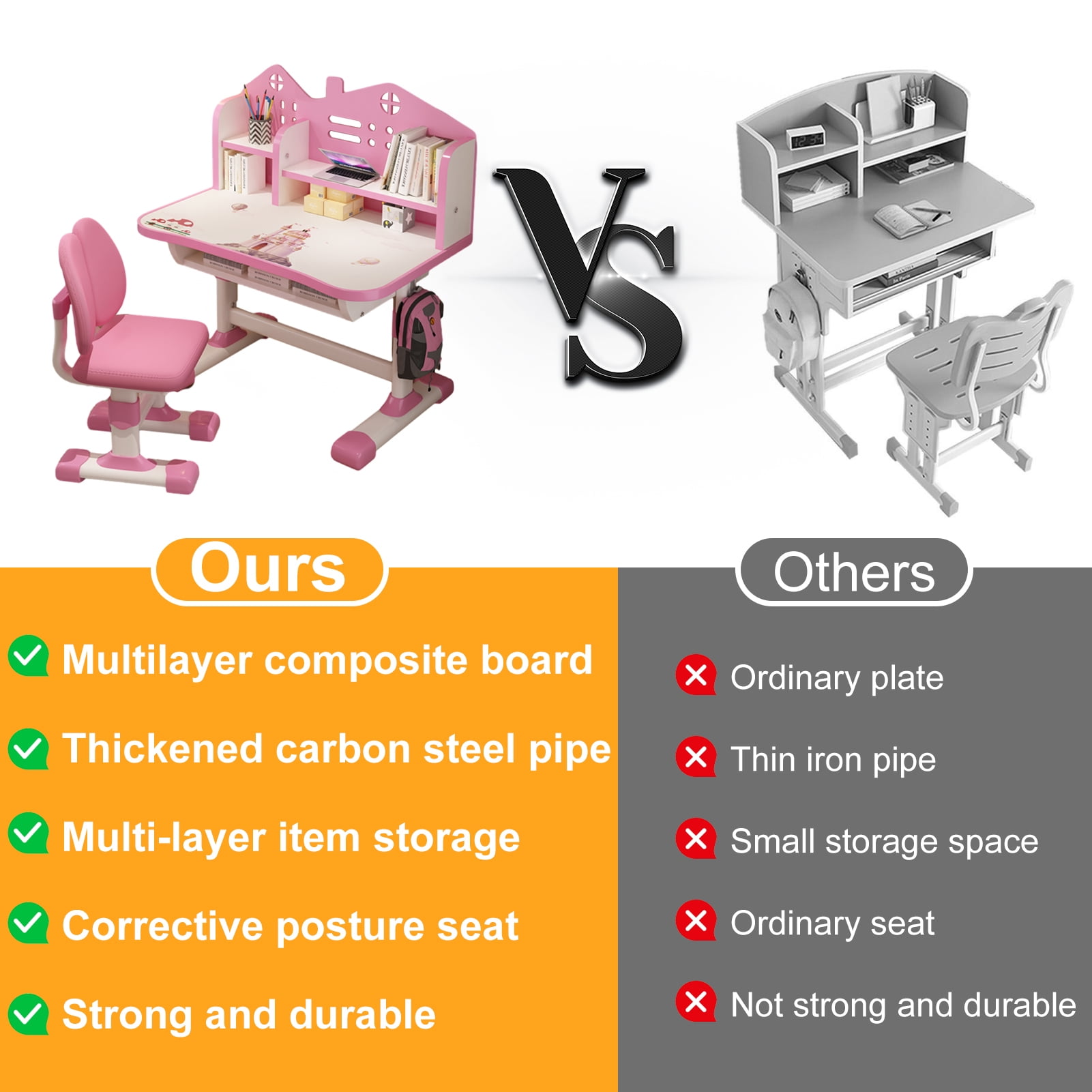Aqzb 2 in 1 Kids Study Table and Chair Set - Adjustable Height Boys Girls School Study Table - with Large Writing Board, Drawer & Book Stand - Pink