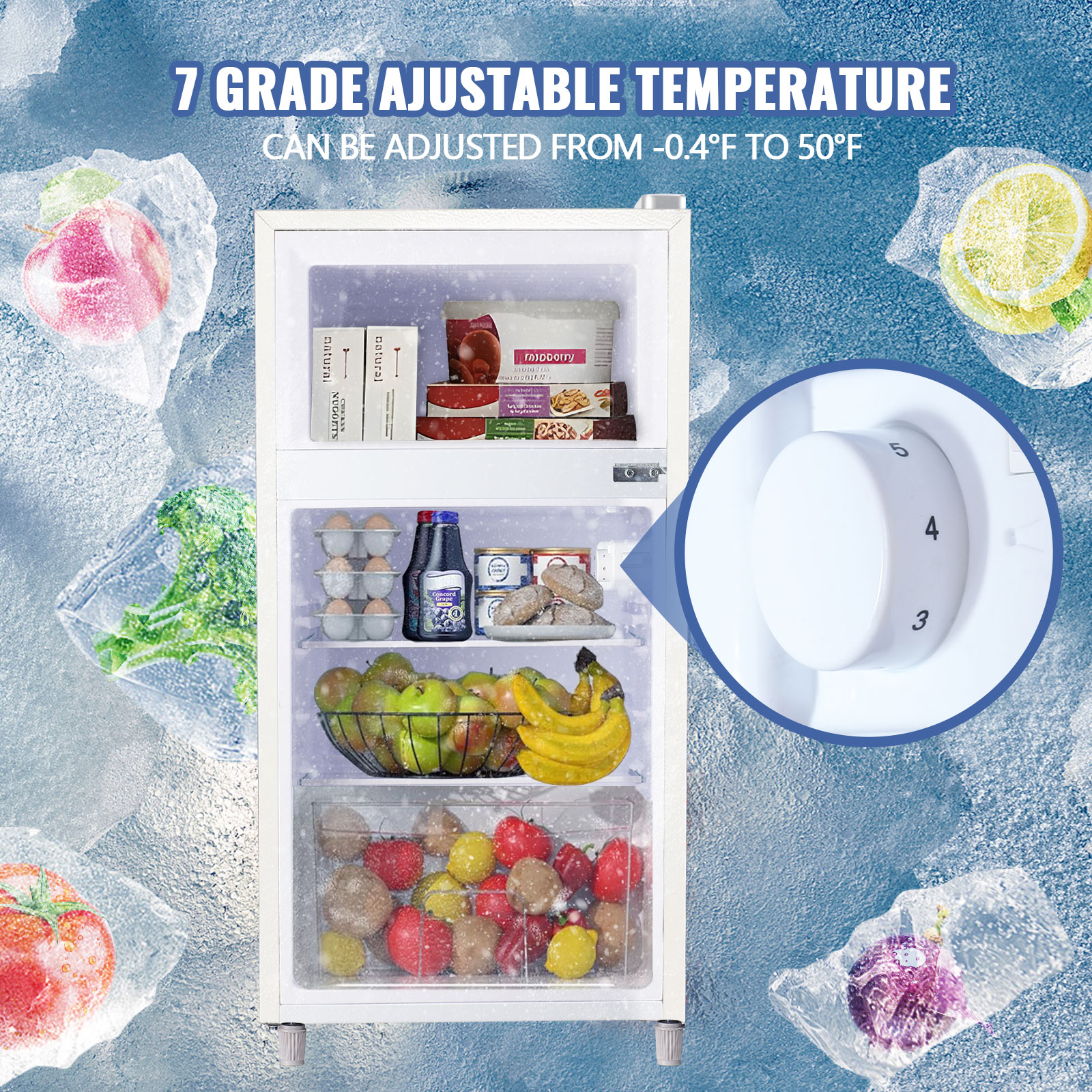 JIEJIA 3.5 Cu.ft Two Door Mini Refrigerator with Freezer, Compact Small Fridge Adjustable Removable Shelves, White
