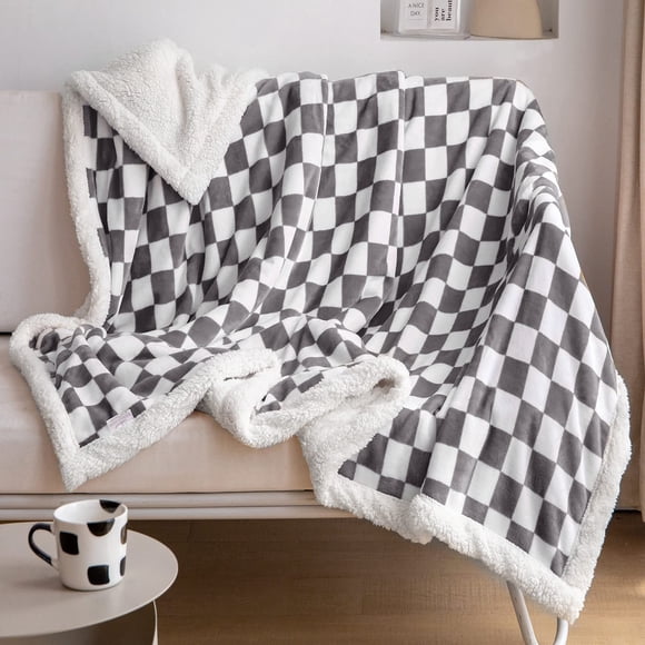 Manta LOMAO Sherpa de forro polar con estampado de cuadros, 130 x 160 cm