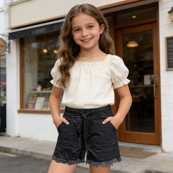 Huowey High Waist Summer Shorts For Girls Kids Elastic Waist Denim Cargo Shorts With Pockets Solid Color Wide Leg Raw Hem Casual Comfortable Lightweight Stylish Youth Bottoms,Black,5-6 Years