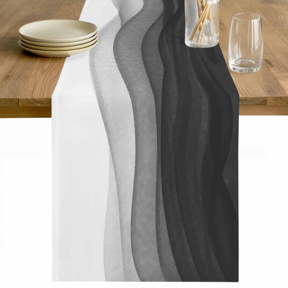 Ombre Waves Table Runner - 36 Inch Long Abstract Art Gradient Black Modern Cotton and Linen Blended Dress Scarves Farmhouse Table Runner for Kitchen Dining, Coffee Table, 13" x 36"