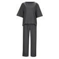 thumbnail image 5 of Bjutir Women Summer Solid Color Casual Cotton Linen Short Sleeve Round Neck Tops With Loose Wide Leg Pants Suit Dark Gray, 5 of 7