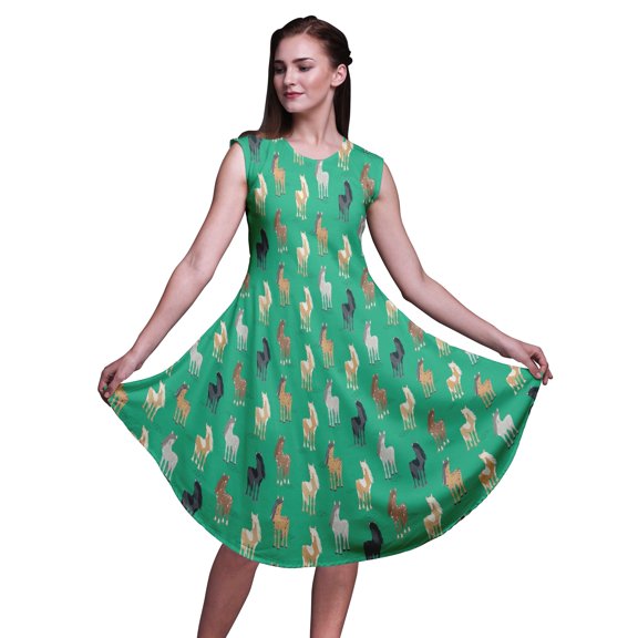 Bimba Green Horse Animal Printed Ladies Sleeveless Round Neck Summer Dress Casual Wear-X-Small