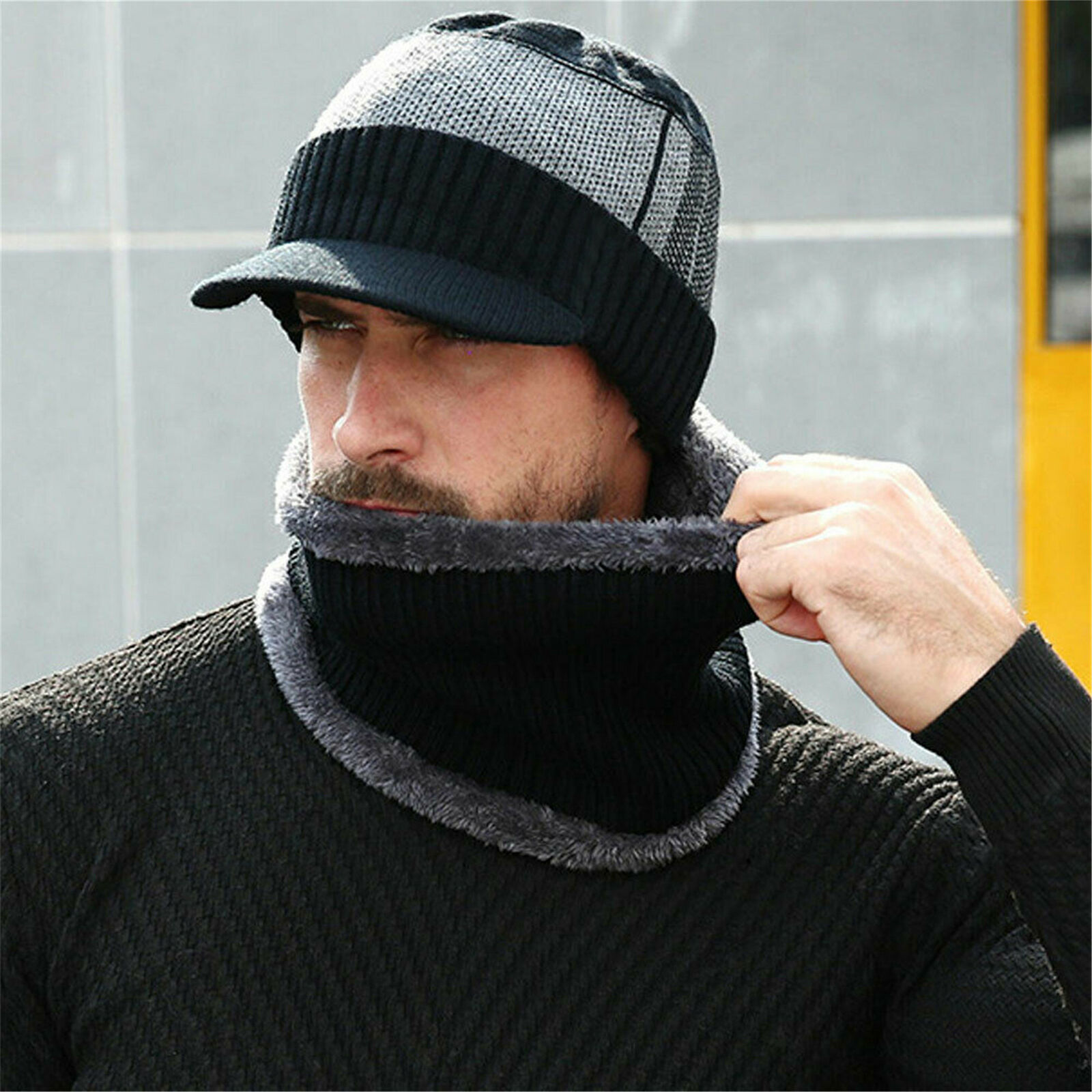 Men Winter Warm Hat Knit Visor Beanie Fleece Lined Beanie with