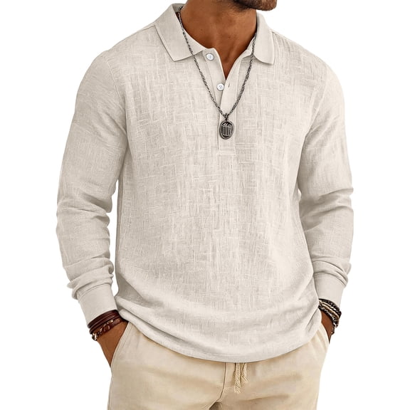 Fabrcox Polo Shirt for Men Long Sleeve Men Golf Shirt Button Up Casual Loose Fit Athletic Workout Beach Mens Big and Tall Shirts Beige L