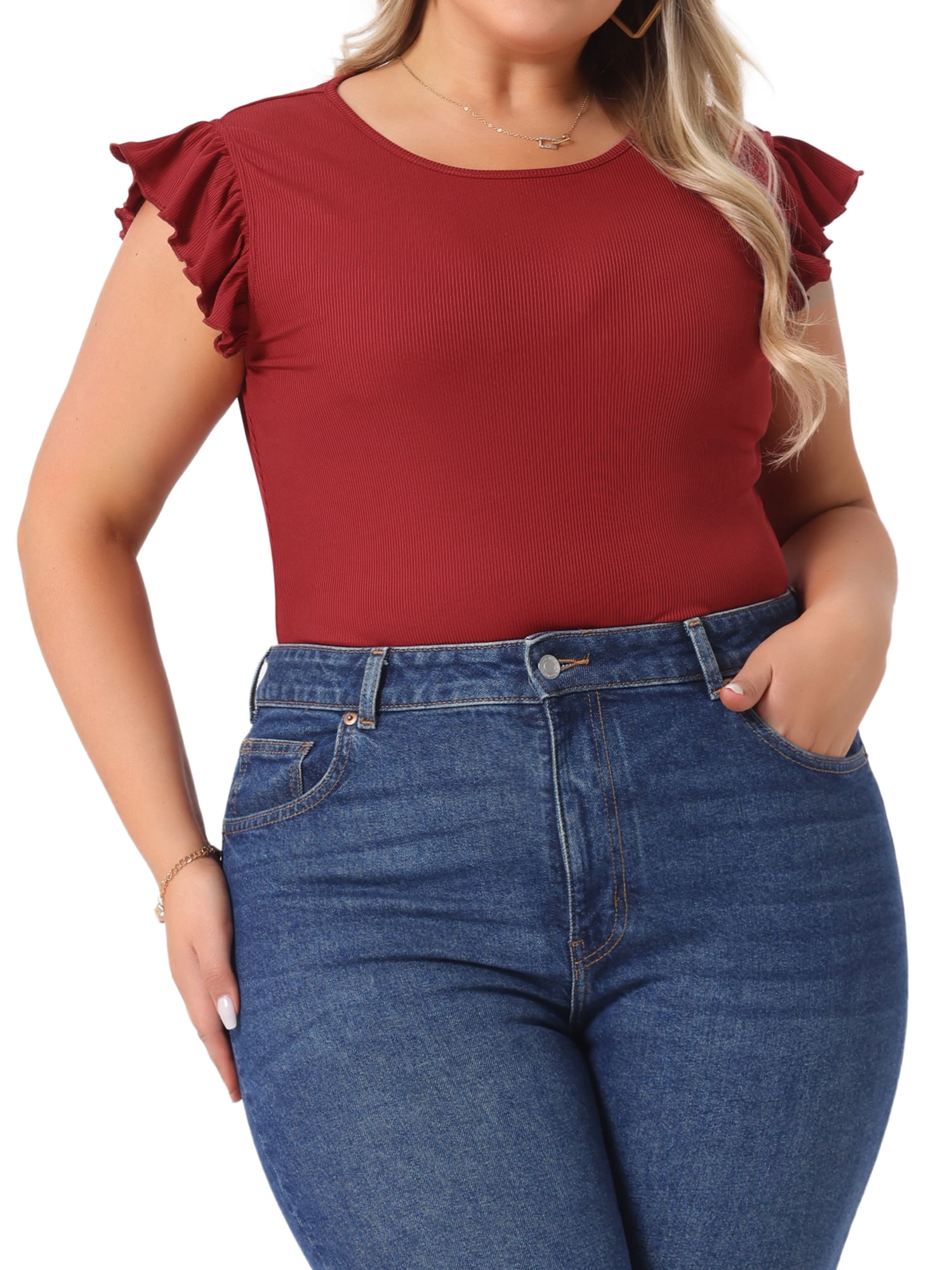 DARING DIVA Women's Plus Ruffle Sleeveless Slim Fit Stretchy Bodysuit 4X Red