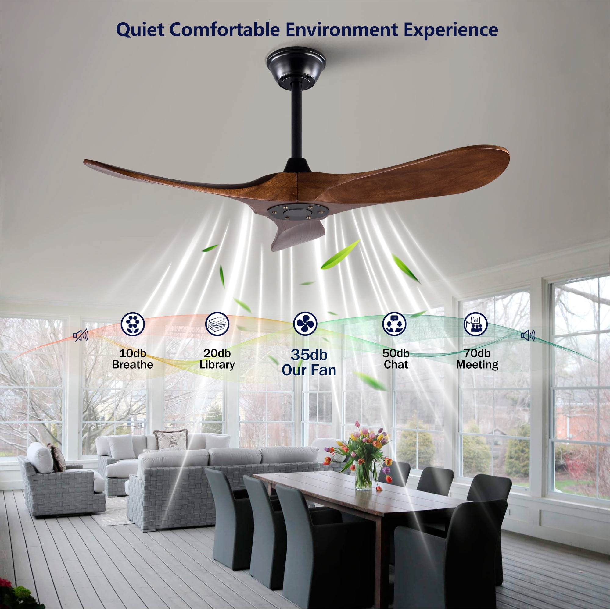 Ceiling Fan No Light, 42 Inch 3 Blades Solid Wood Outdoor Fan with Remote Control for Patio Living Room Bedroom, Black Dark Walnut