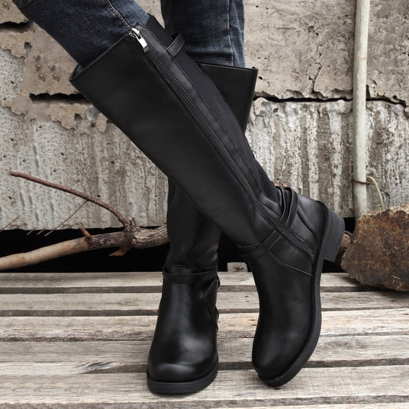 JUSLIO Winter Boots for Women,Mid Calf Boots Solid Color Zipper Fashion Casual Slip on Comfort Round Toe Womens Boots,
