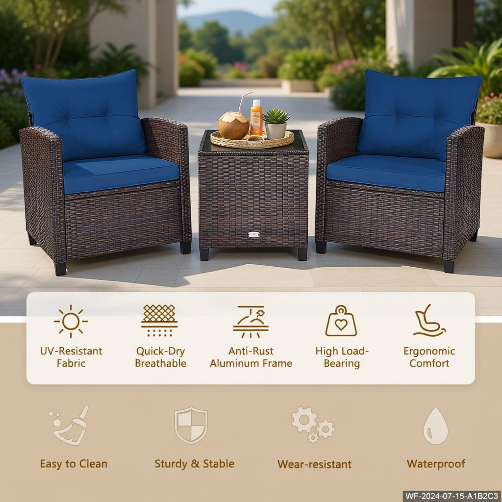 Hommoo 3-Piece Outdoor Rattan Patio Furniture Set with Cushioned Chairs & Tempered Glass Coffee Table, Navy