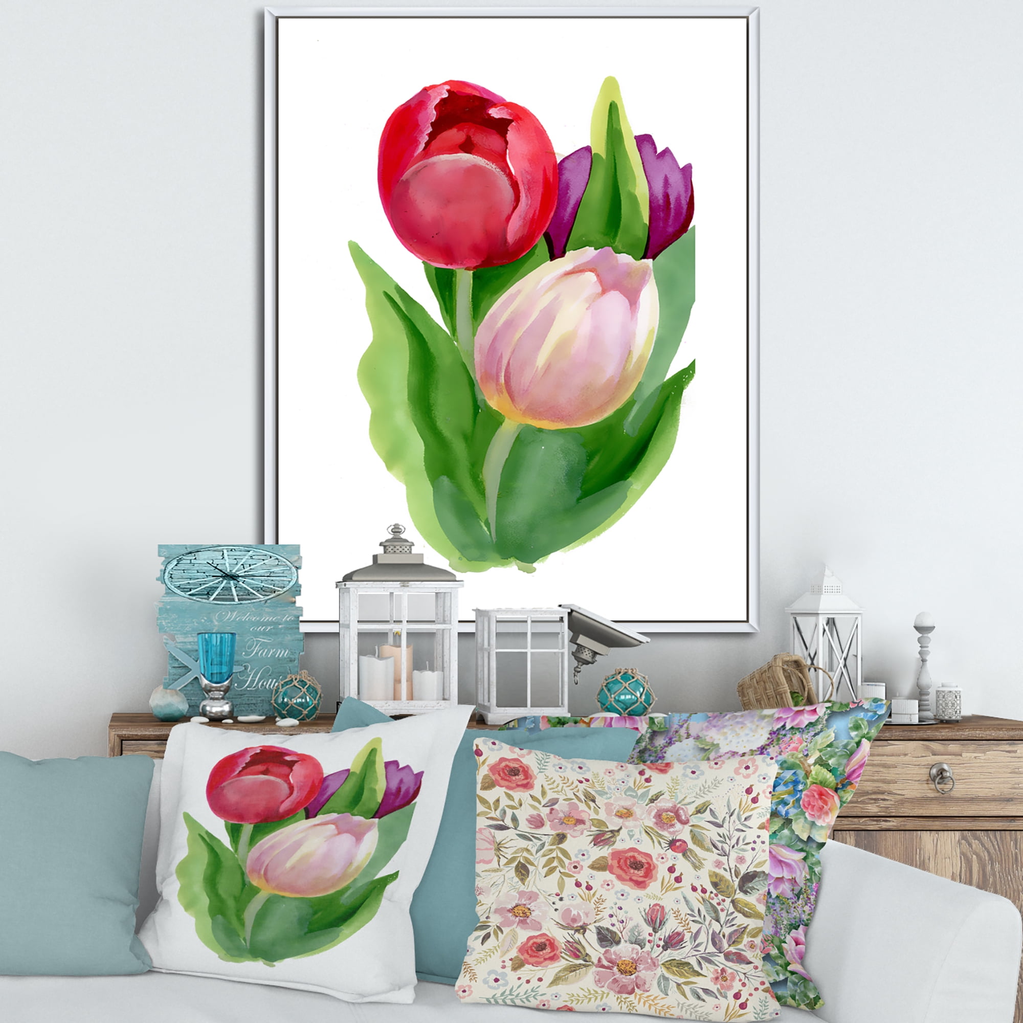 Designart 'Beautiful Tulip Flowers Red and Pink' Traditional Framed Canvas Wall Art Print