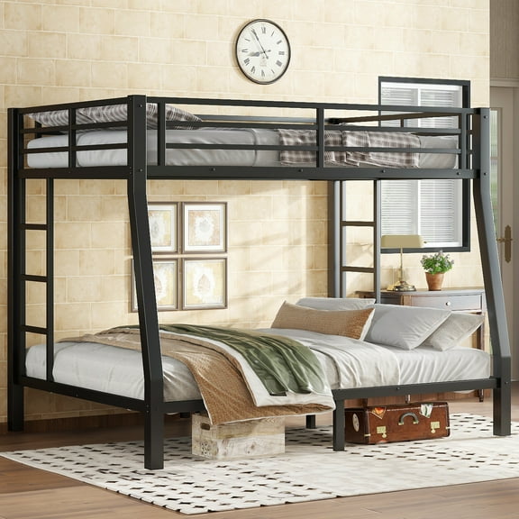 Leumius Full XL over Queen Metal Bunk Bed for Teens and Adults,Heavy Duty Metal Bed Frame with Full-Length Guardrail,Space-Saving/Noise Reduced/No Box Spring Needed,Black