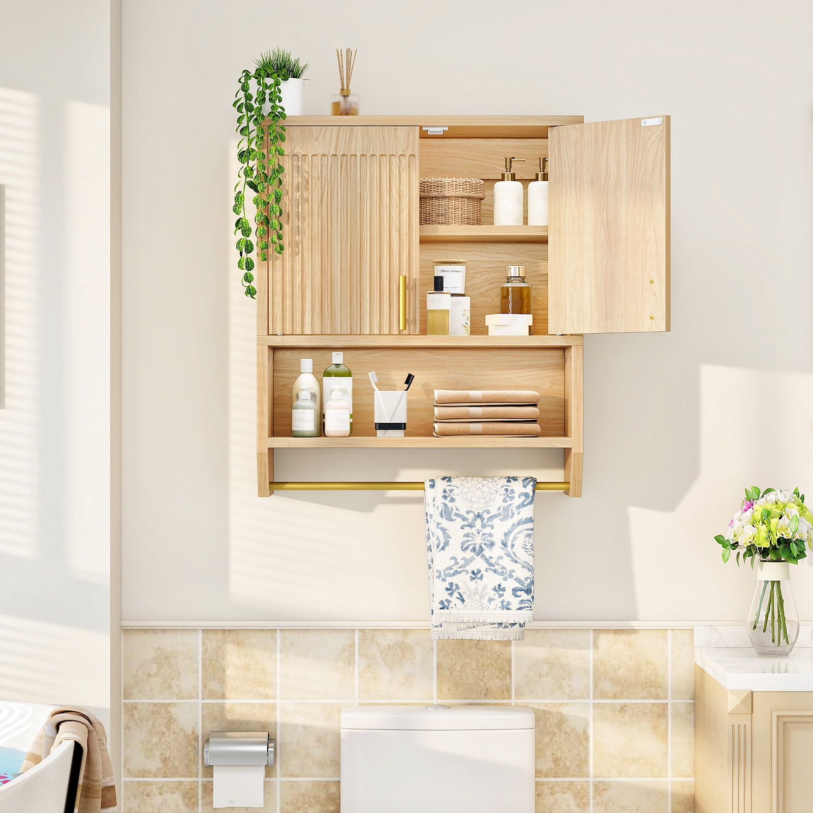 Fluted Medicine Cabinet, Farmhouse Bathroom Wall Cabinet with Towel Rack and Adjustable Shelf, Fluted Wall-Mounted Storage Organizer, for Bathroom, Kitchen, Natural,NL235CW01