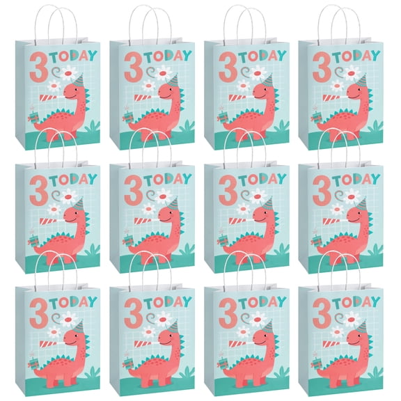 12 Pack 3 Year Old Pink Dinosaur Birthday Party Paper Bags, Pastel Paper Goodie Bags with Handles for Celebrations
